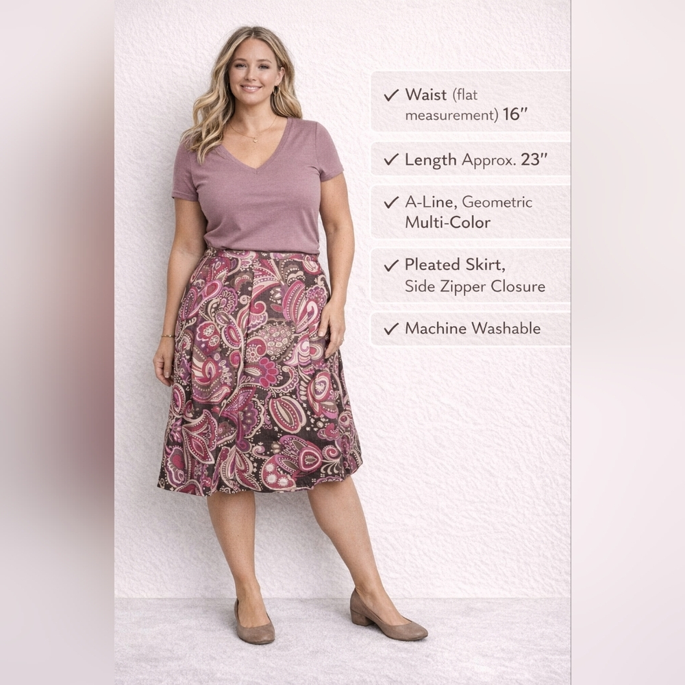 W Work to Weekend Size 12 A-Line Pleated Skirt Pink Brown Geometric Side Zip